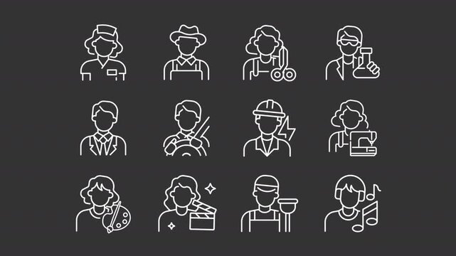 Different jobs animation set. Workers animated white line icons. Modern careers, human resources. Personal hobbies. Corporate employees. Isolated elements on dark background. Alpha channel HD video