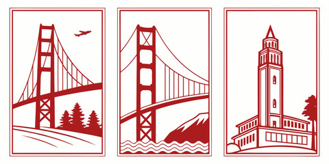 Bay Area Panels Featuring Golden Gate Bridge & UC Berkeley Campanile in Stylized Red & White Triptych, USA, US, United States
