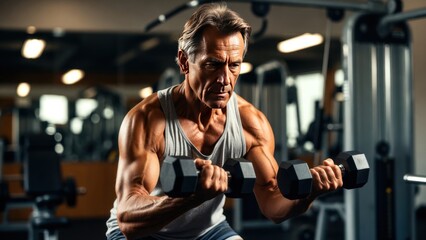 Naklejka premium Mature caucasian male lifting dumbbells in gym for strength training