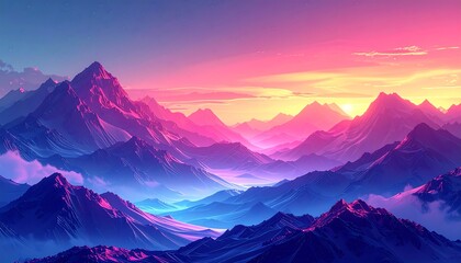 Vibrant Mountainscape - A Colorful Dawn Over Majestic Peaks.