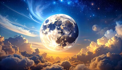 A giant celestial orb surrounded by clouds, with two moons and a vibrant sky background