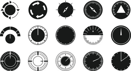 Gauge and dial silhouette icon set showing meters, compasses, speedometers and circular indicators isolated on white background for UI vector design © Sakib World