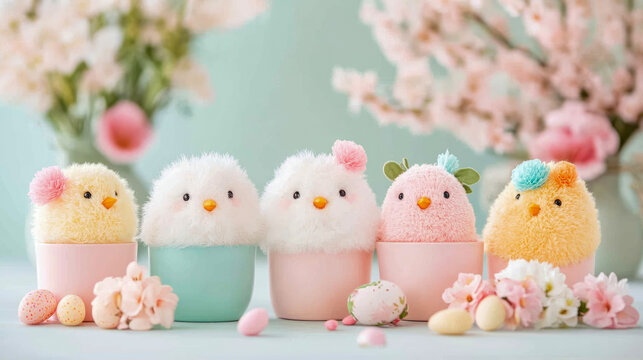 Adorable fluffy pastel Easter chicks in pink and mint pots, surrounded by delicate spring flowers and speckled eggs, creating charming, soft, and festive holiday scene.