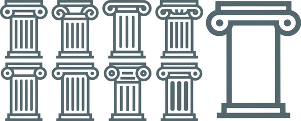 Ancient Greek and Roman column icons set, classical ionic pillar vector illustrations for law, finance and architecture.