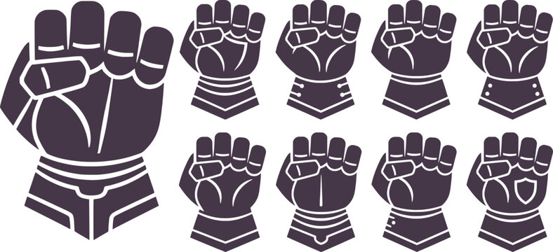 Armored gauntlet fist icons set, robotic power hand vector illustration for gaming and sports logos.