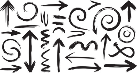 Pencil chalk arrow scribbles collection - doodle pointers, curved lines, round swirls hand drawn. Chaotic artistic strokes, marker design elements set. Sketchy black outline drawings vector pack.