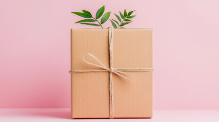 Eco-friendly cardboard gift box tied with rustic hemp string and green natural foliage, symbolizing sustainable packaging on millennial pink surface.