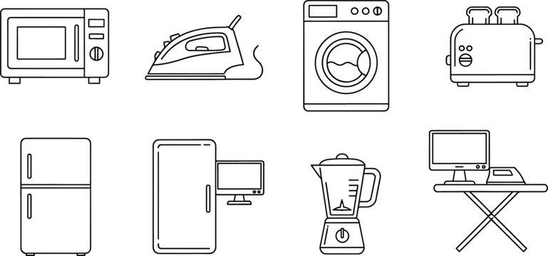 Household appliances line art icon set for domestic equipment list
