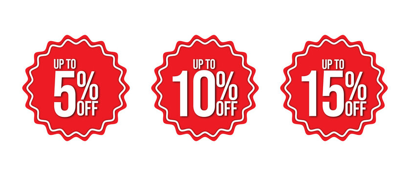 Up to 5 10 15 percent off, Seasonal Discount Collection, Retail Store Super Offer and Online Marketplace Best Price Deal. Red Labels Isolated on Transparent Background