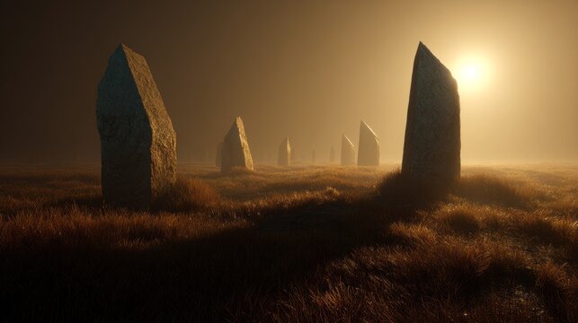 Ancient Standing Stones in Misty Sunrise Over Grassland. AI generative