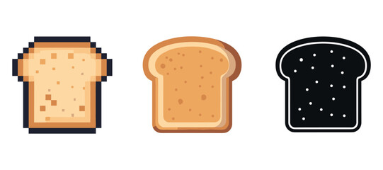 Pixelated, flat, and silhouette bread icon set on white background