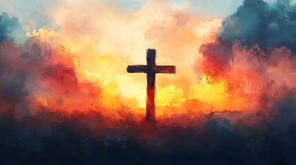 A dramatic cross stands tall amidst a vibrant and serene sunset with clouds and smoke