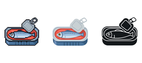 Sardine can variations: pixel art, realistic, and outline styles
