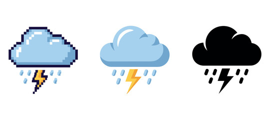 Obraz premium Three weather icons: pixel, cartoon, silhouette clouds with lightning and rain
