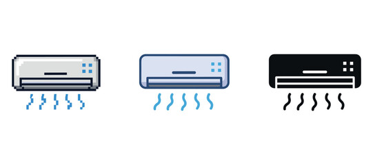 Pixel, line, and silhouette air conditioner icons displaying cooling functionality