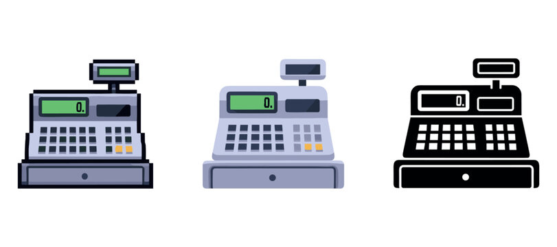 Set of three cash registers in different styles on white background