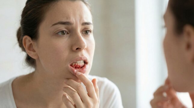 Woman examining bleeding gums in mirror experiencing oral discomfort and pain