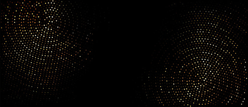 Golden halftone shimmering pattern on black background. Vector realistic illustration of abstract yellow glitter dots and sparkles on dark backdrop, luxury disco party banner, shiny mosaic wallpaper