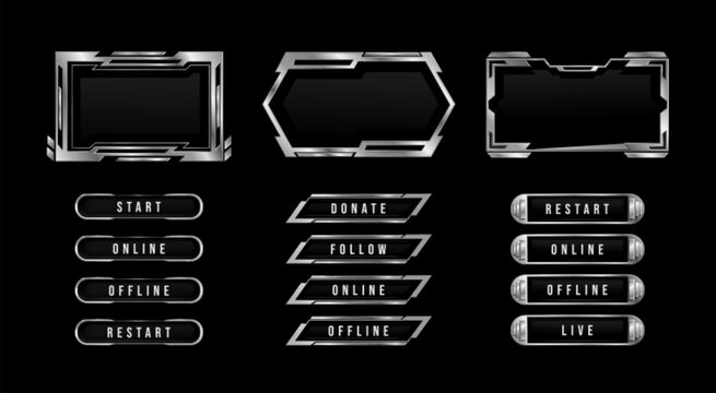 Futuristic ui HUD frames and tech buttons set isolated on black background. Vector realistic illustration of silver chrome web stream interface design elements, metal borders for cyberpunk game menu