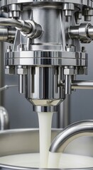 Stainless steel industrial equipment processing white liquid close up view of machinery and liquid flow