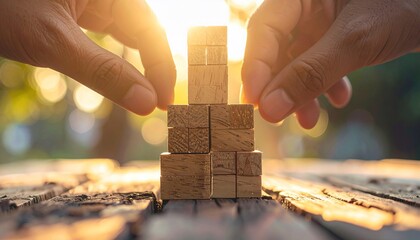 Hands carefully building a wooden block structure against a sunlit, blurred background