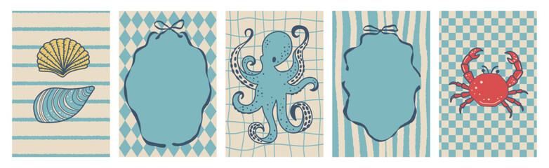 Hand drawn whimsical lace frame inspired by Italian picnic and beach life. Seafood themed border for summer menu, food poster, kitchen print and Amalfi Coast art. © Elena