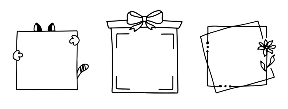 Minimal black line doodle QR code frames in a hand drawn style. Simple sketch frames with decorative elements, perfect for scan me labels, QR posters, menus, packaging and modern creative layouts.