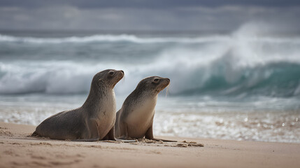 Naklejka premium A pair of Australian sea lions on the beach with waves in the background. Illustration of a wild animal background.