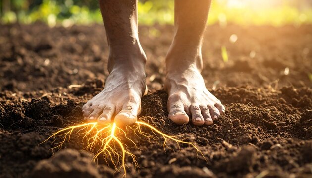 Bare feet of a person standing firmly on rich, dark, moist soil, close-up macro of human connection to nature, concept of grounding, wellness, earthing, fertility and growth, natural textures with sof
