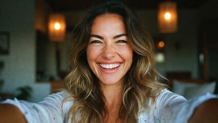 Obraz premium Smiling young caucasian female with long hair in cozy indoor setting