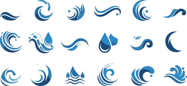 Set of water wave and splash icons, drop and swirl, liquid vector elements