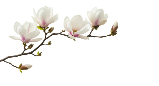 A graceful, curving magnolia branch with creamy white, velvety flowers and pale fuzzy buds, set against a transparent background with abundant negative space, elegant minimalist still life