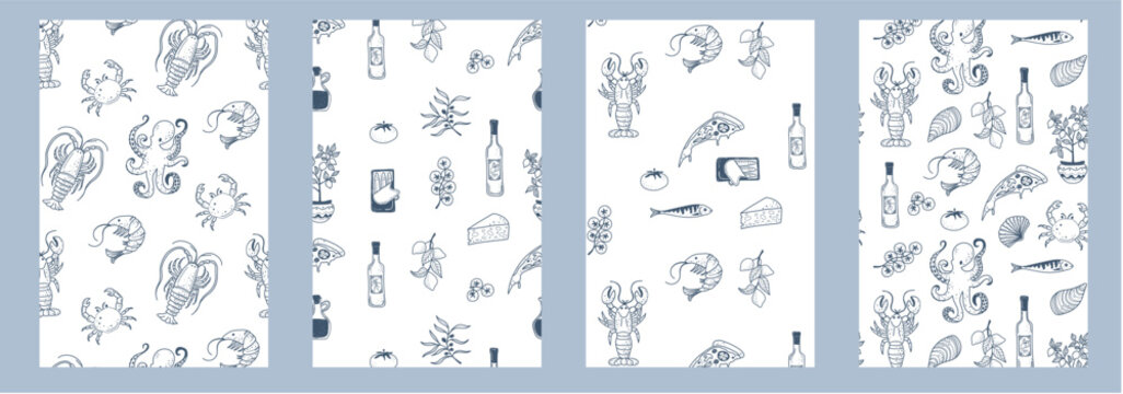 Hand drawn seamless pattern set featuring lemons, olive branches, seafood and Italian coastal cuisine in a fresh summer style.