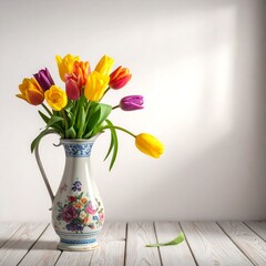 Vibrant Tulips in a Decorative Vase on Wooden Surface.