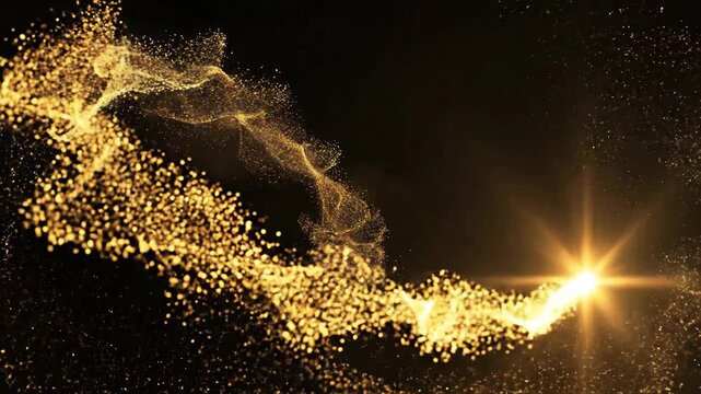 Abstract golden particles swirling around a bright light source against a dark background.