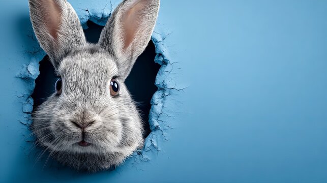 A curious rabbit peeking through a hole in a blue background, symbolizing Easter or springtime