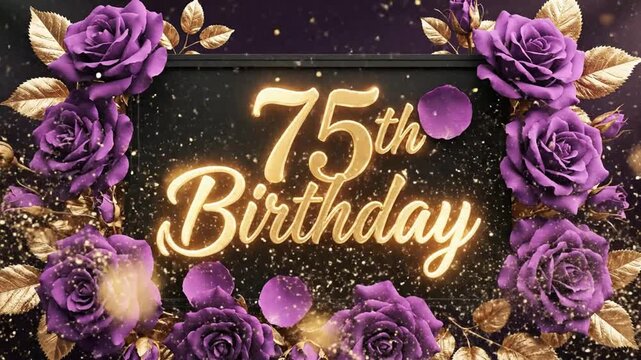 75th Birthday Celebration Purple Roses Gold Glitter Text Overlay Template Luxury Anniversary Party Decoration