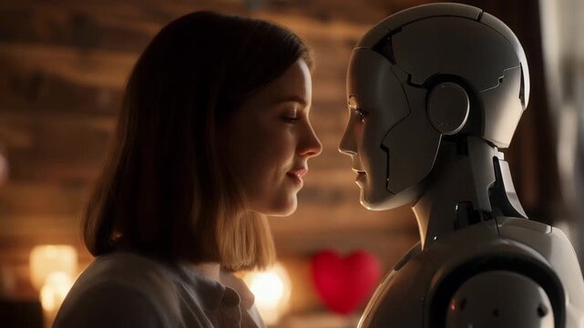 Woman and humanoid robot face to face with red heart symbol between them indoors