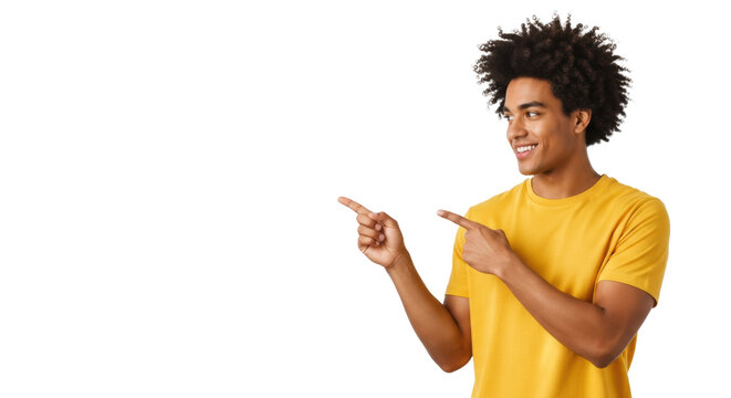 a young mixed-race man with tightly-curled dark hair, wearing a bright yellow t-shirt, smiles and points left on a solid white seamless background, commercial presentation concept
