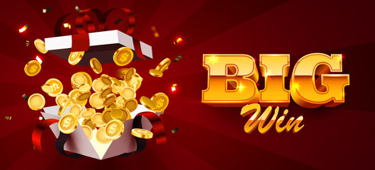 Exciting Big Win banner with golden coins exploding from a gift box, ideal for promotions and gambling success. Vector illustration