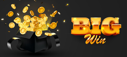 Big Win Casino Jackpot. Golden coins explode from a black gift box on a dark background. Concept of good luck, success, lottery, bonus, game, or special prize. Vector illustration