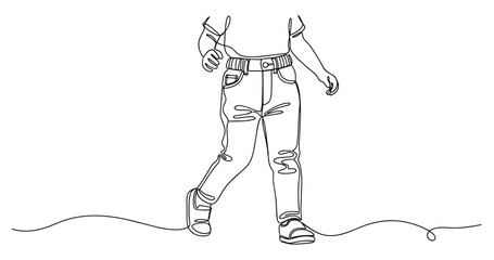 Fototapeta premium Line drawing of child walking in jeans and shoes. Non editable stroke