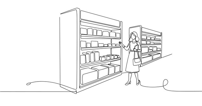 Female shopping at supermarket: continuous line drawing of woman selecting products on shelves. Non editable stroke