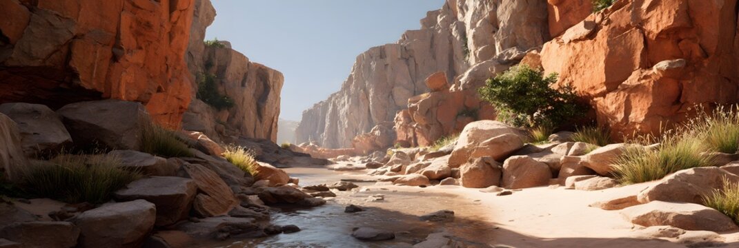 Stunning natural landscape of a desert canyon with tall rough cliffs and a small reflective river running through the sandy ground under a clear blue sky