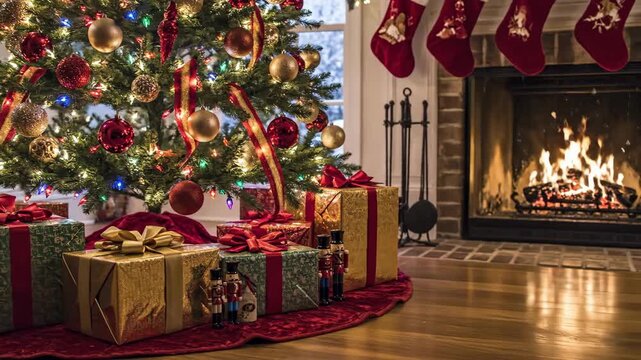 Decorated Christmas tree with wrapped presents and stockings hanging by a burning fireplace in a cozy living room during winter.
