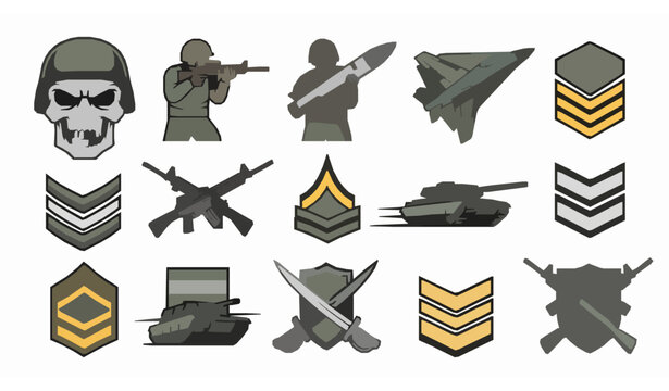 Bold military emblem logo vector pack with skull infantry aircraft tank and missile symbols