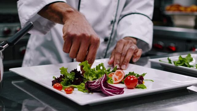 Professional chef plating fresh salad in modern kitchen. Culinary expert creates beautiful gourmet dish. Attention to detail highlights passion for cooking.