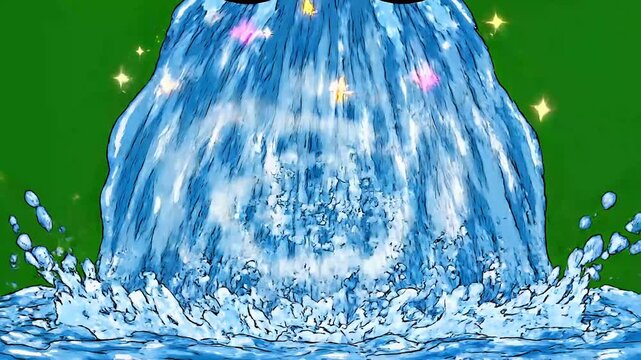 2D animation anime waterfall crying streams pour rapidly from eyes against green screen background for funny reaction videos or meme edits.