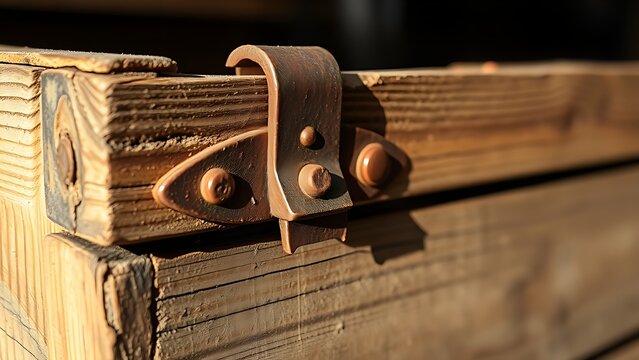 hasp. Close-up of a rusty iron hasp fastened on an old wooden crate with side lighting. safety posters, maintenance manuals, designed for precision metalworking and fabrication facilities.