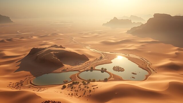 cyma. Mirage of an oasis over a desert landscape with heat distortion effect. ESG reports, sustainability campaigns, designed for sustainability communications and ESG reporting.